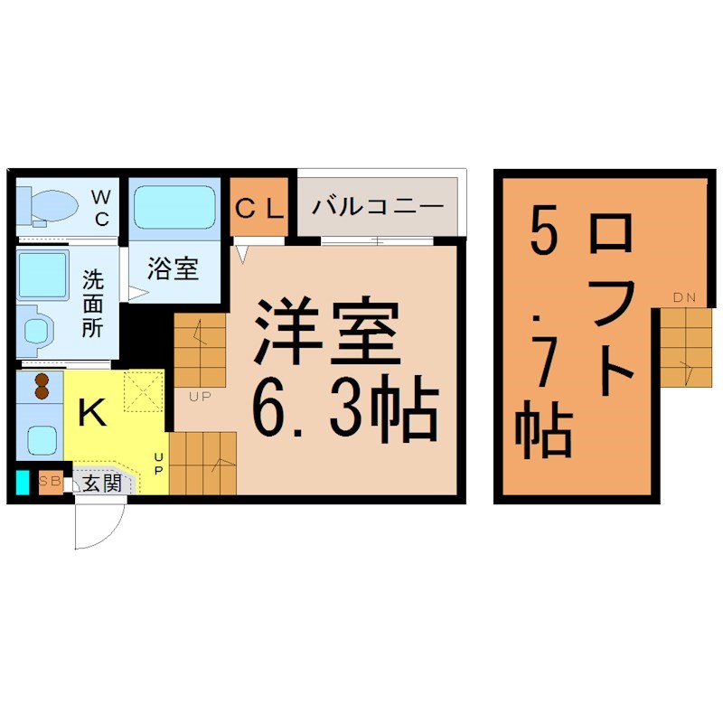 ＤＥＳＩＧＮＳＱＵＡＲＥ（デザインスクエア） 間取図　洋室6.3帖　ロフト5.7帖　脱衣洗面所　バルコニー