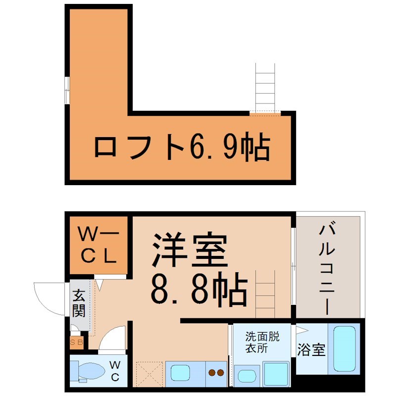 ハイツＬＬＨ 間取図　洋室8.8帖　ロフト6.9帖
