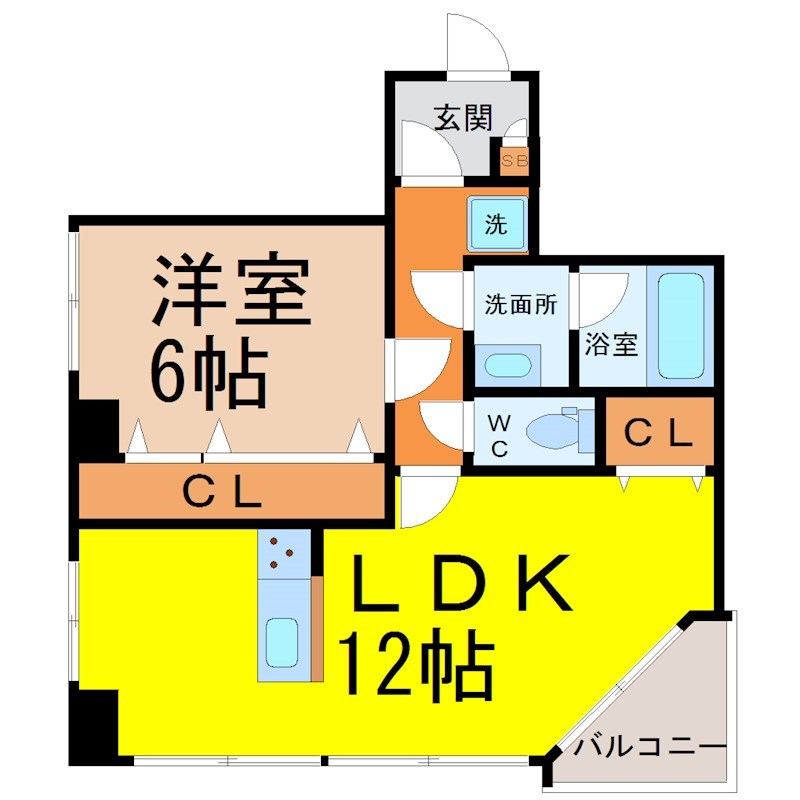 ヴィラトラウム 間取図　ＬＤＫ12帖　洋室6帖　バルコニー