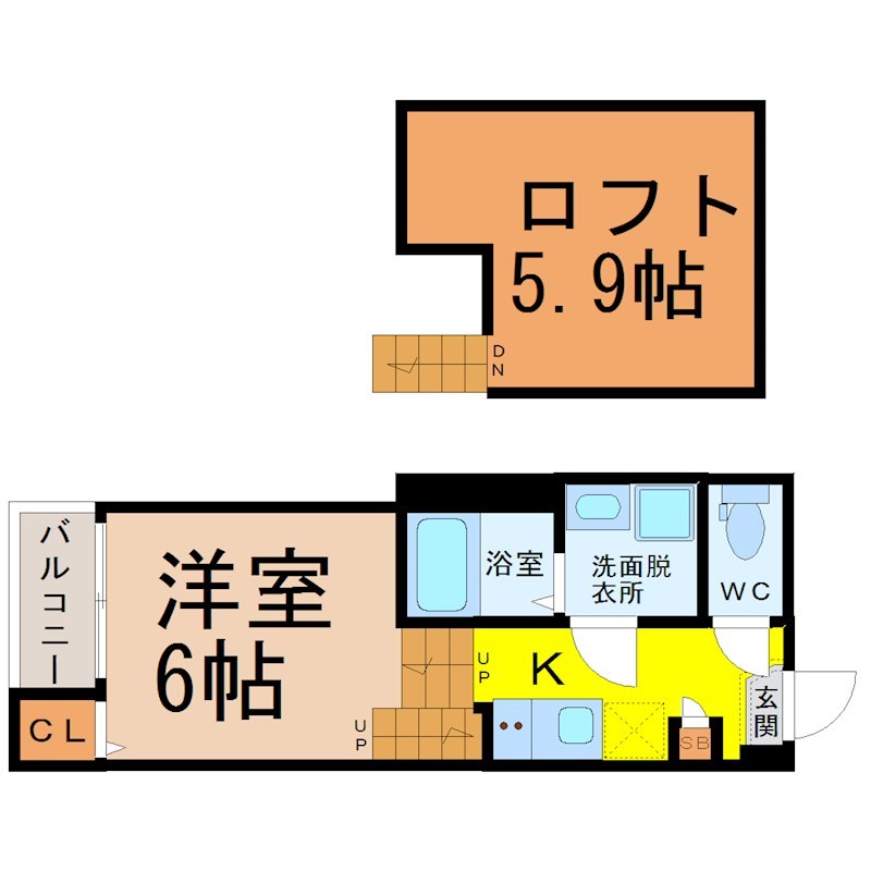 Felice Malva Takabata（フェリーチェマルヴァタカバタ） 間取図　洋室6帖　ロフト5.9帖　脱衣洗面所　バルコニー