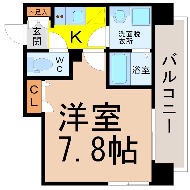 メイクス矢場町II 間取図　洋室7.8帖　脱衣洗面所　クローゼット付　バルコニー