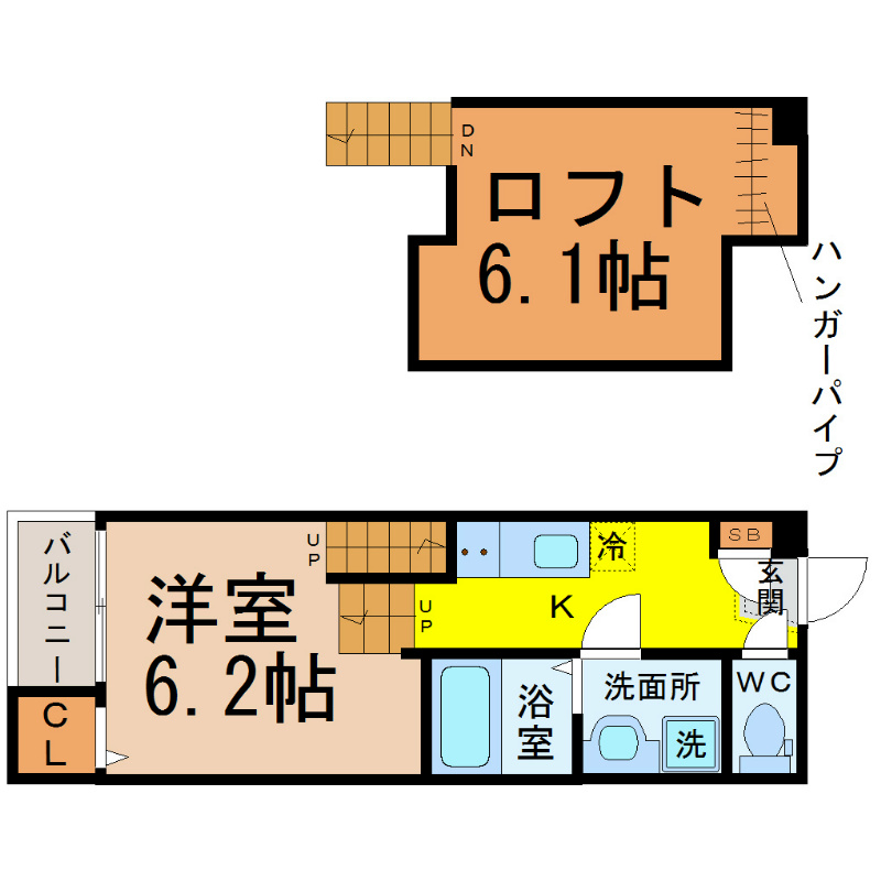 ＬＵＮＡ　ＦＯＲＺＡ新守山（ルナフォルツァ新守山） 間取図　洋室6.2帖　ロフト6.1帖　脱衣洗面所　バルコニー