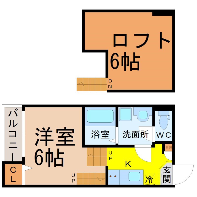 レグルス千種 間取図　洋室6帖　ロフト6帖　脱衣洗面所　バルコニー