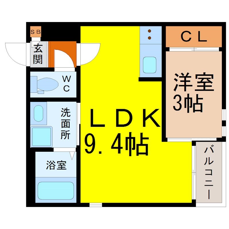 ＧＲＡＮＤＴＩＣ本笠寺 間取図　ＬＤＫ9.4帖　洋室3帖　脱衣洗面所　バルコニー