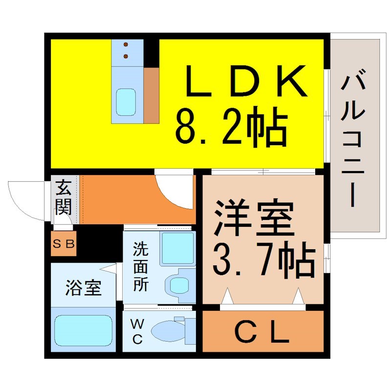 オリエンタル篠の風 間取り　ＬＤＫ8.2帖　洋室3.7帖　脱衣洗面所　バルコニー
