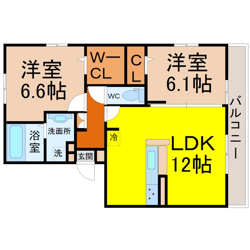 フオネイスト黄金 間取図　ＬＤＫ12帖　洋室6.6帖　洋室6.1帖