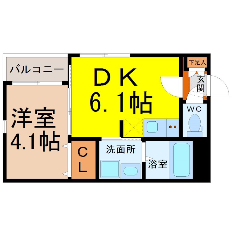 スカイシャイン黒川 間取図　ＤＫ6.1帖　洋室4.1帖　脱衣洗面所　バルコニー