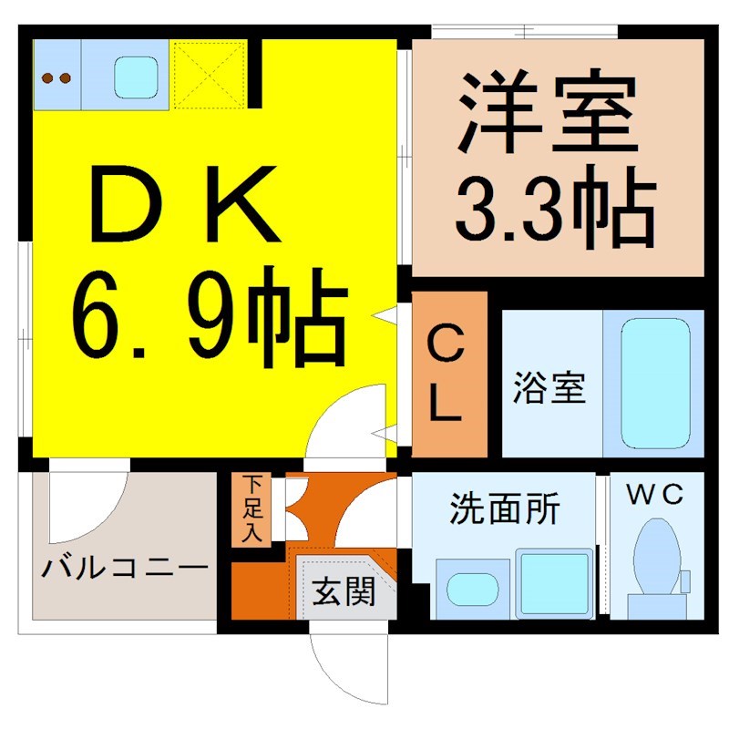 スカイシャイン黒川 間取図　ＤＫ6.9帖　洋室3.3帖　脱衣洗面所　バルコニー