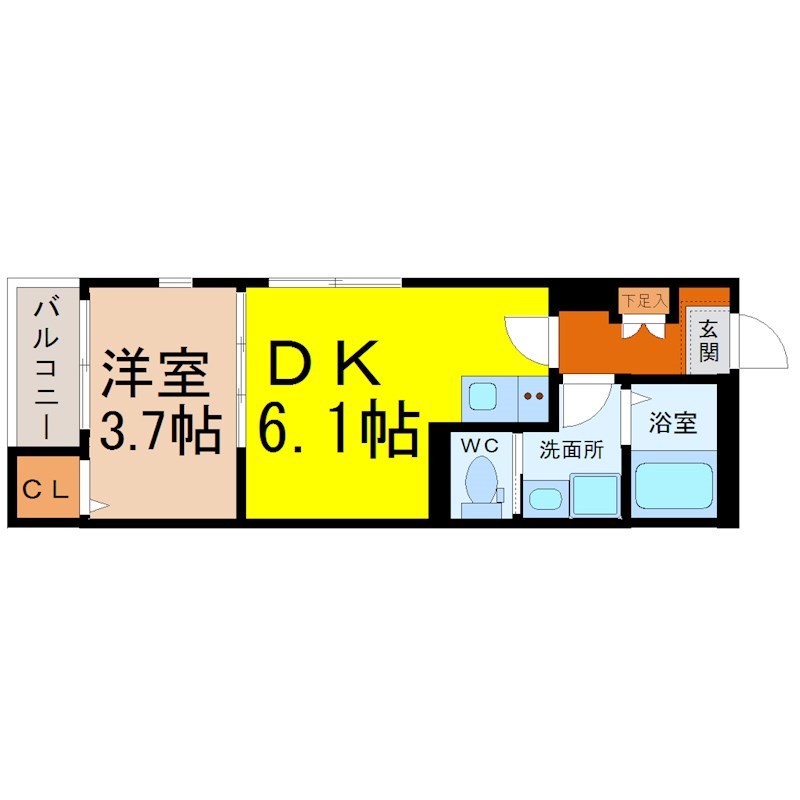 ハーモニーテラス神宮前 間取図　ＤＫ6.1帖　洋室3.7帖　脱衣洗面所　バルコニー