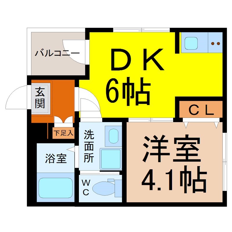 ハーモニーテラス神宮前 間取図　ＤＫ6帖　洋室4.1帖　脱衣洗面所　バルコニー