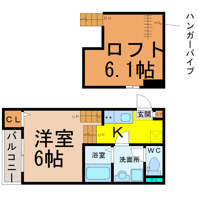 クレール名駅 間取図　洋室6帖　上段ロフト6.1帖