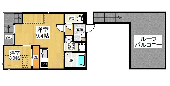 ＧＲＡＮＤＴＩＣ　ＰＥＣＯＲＡ 間取図　ＬＤＫ9.4帖　洋室3帖　ルーフバルコニー