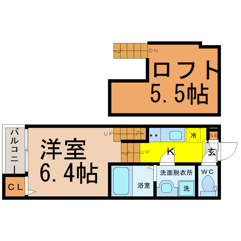 ＡＳＴＥＲＩＡ新栄 間取図　洋室6.4帖　ロフト5.5帖　脱衣洗面所　バルコニー