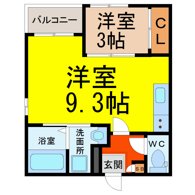 レガリスト桜本町 間取図　ＬＤＫ9.3帖　洋室3帖　脱衣洗面所　バルコニー