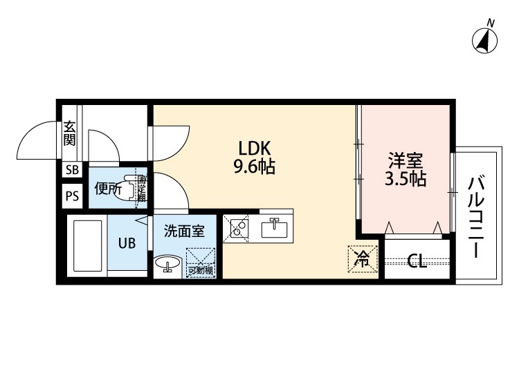 ラポート日比野 間取り　ＬＤＫ9.6帖　洋室3.5帖　脱衣洗面所　バルコニー