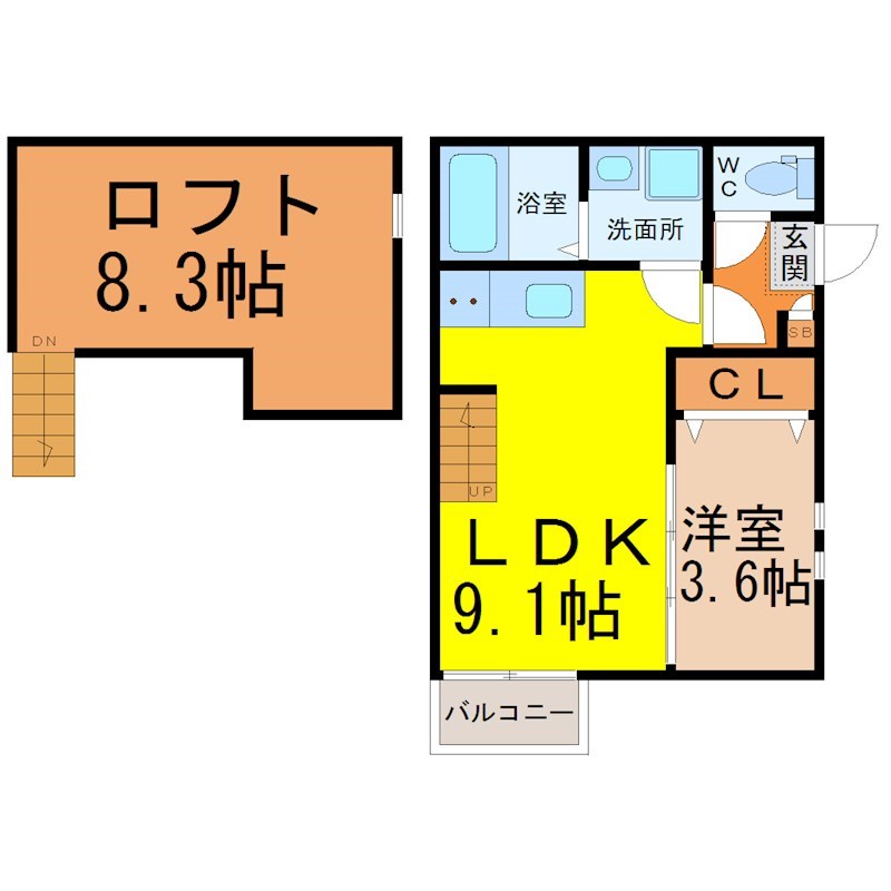 Ｃｒｅｏ志賀本通 間取図　ＬＤＫ9.1帖　洋室3.6帖　ロフト8.3帖