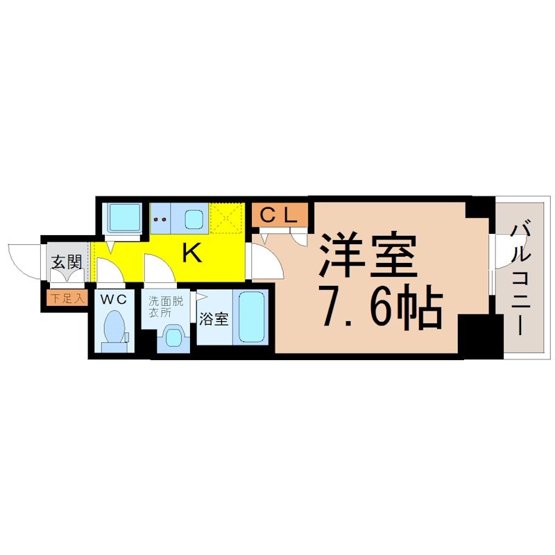 エスリード大須プレシア 間取図　洋室7.6帖　脱衣洗面所　クローゼット付　バルコニー