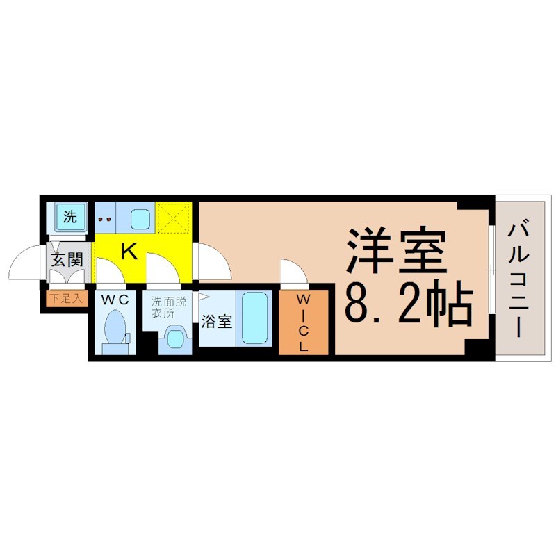 エスリード大須プレシア 間取図　洋室8.2帖　脱衣洗面所　クローゼット付　バルコニー