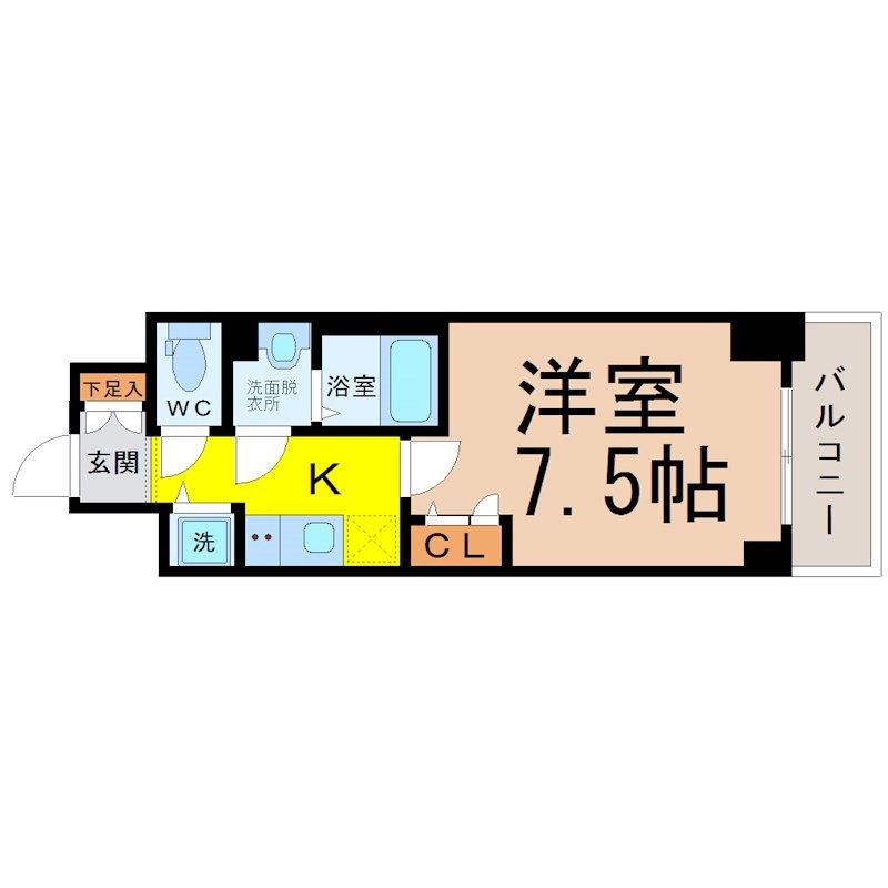 エスリード大須プレシア 間取図　洋室7.5帖　脱衣洗面所　クローゼット付　バルコニー