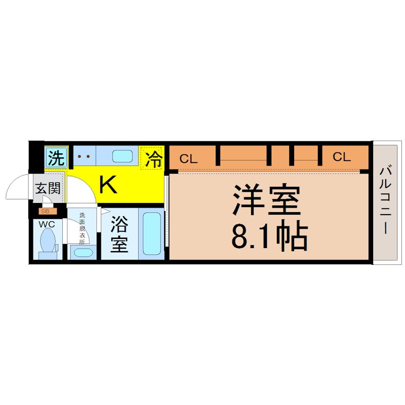 OHANA栄生 間取図　洋室8.1帖　脱衣洗面所　クローゼット付　バルコニー