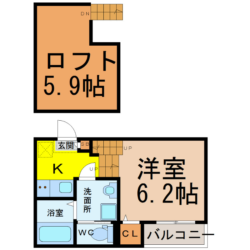 Ｃａｔｈｂｈａｒｒ車道（カフヴァール車道） 間取図　洋室6.2帖　ロフト5.9帖　脱衣洗面所　バルコニー