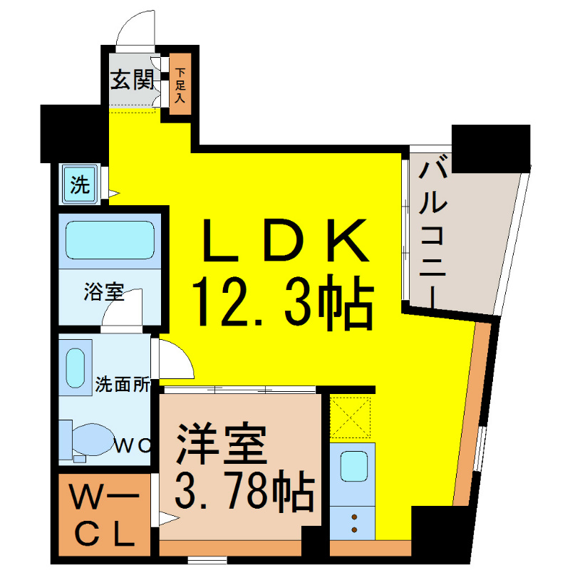 シャトー＆ホテル名駅南2nd 間取図　ＬＤＫ12.3帖　洋室3.78帖　東面バルコニー