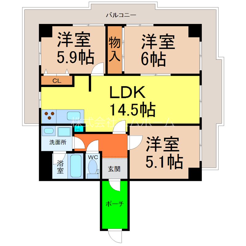 エスポア富士見台 間取図　1フロア1部屋　3方にめぐらせたバルコニー