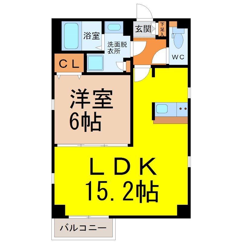 グランレーヴ大須観音 間取図　ＬＤＫ15.2帖　洋室6帖　脱衣洗面所　バルコニー