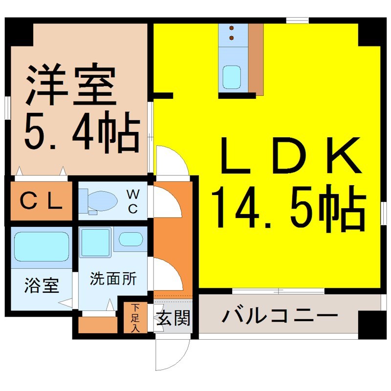 グランレーヴ大須観音 間取図　ＬＤＫ14.5帖　洋室5.4帖　脱衣洗面所