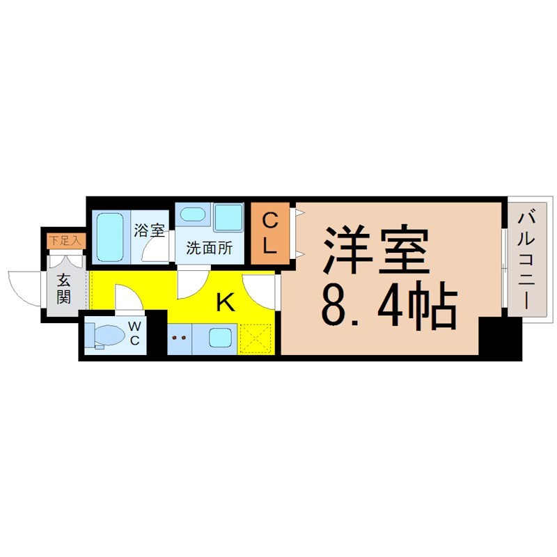 エクラン上前津 間取図　洋室8.4帖　脱衣洗面所　クローゼット付　バルコニー
