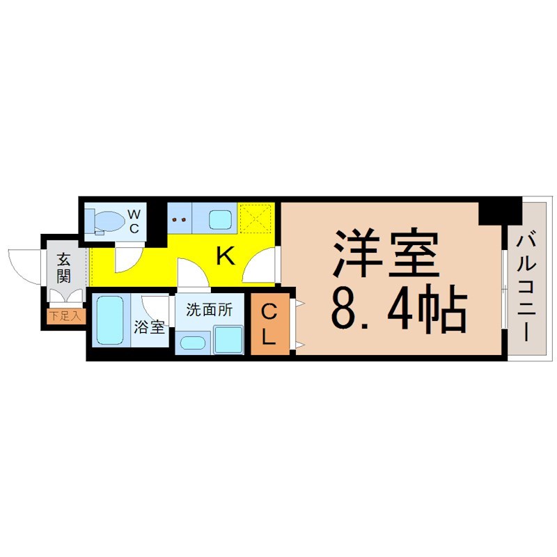 エクラン上前津 間取図　洋室8.4帖　脱衣洗面所　クローゼット付　バルコニー