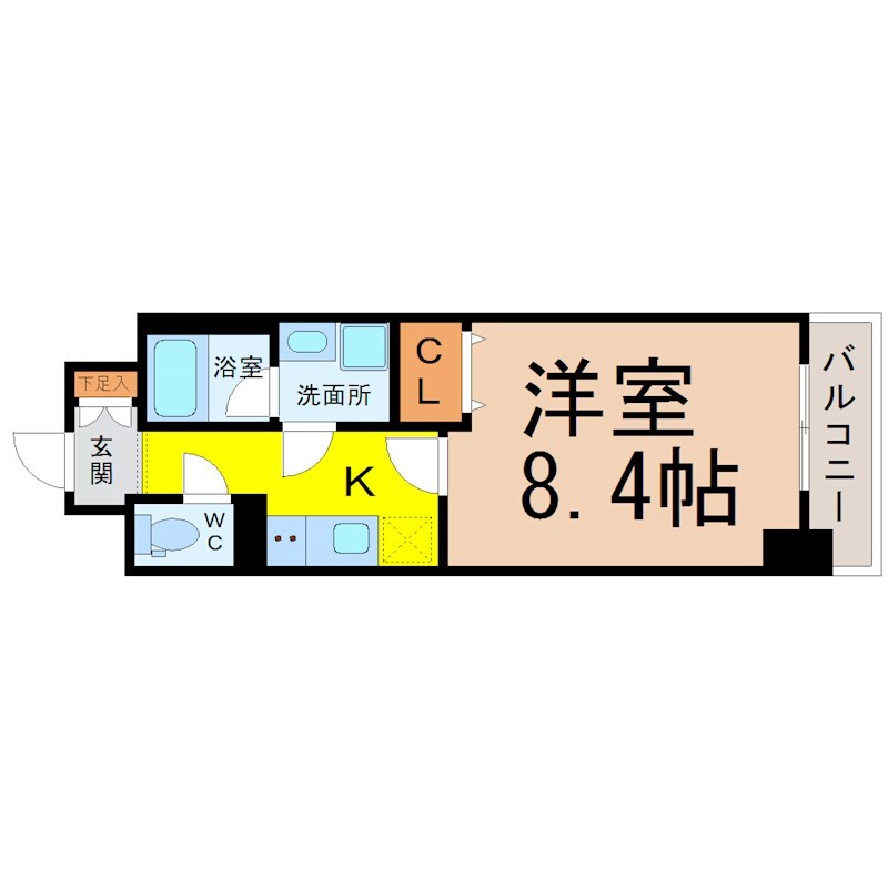 エクラン上前津 間取図　洋室8.4帖　脱衣洗面所　クローゼット付　バルコニー