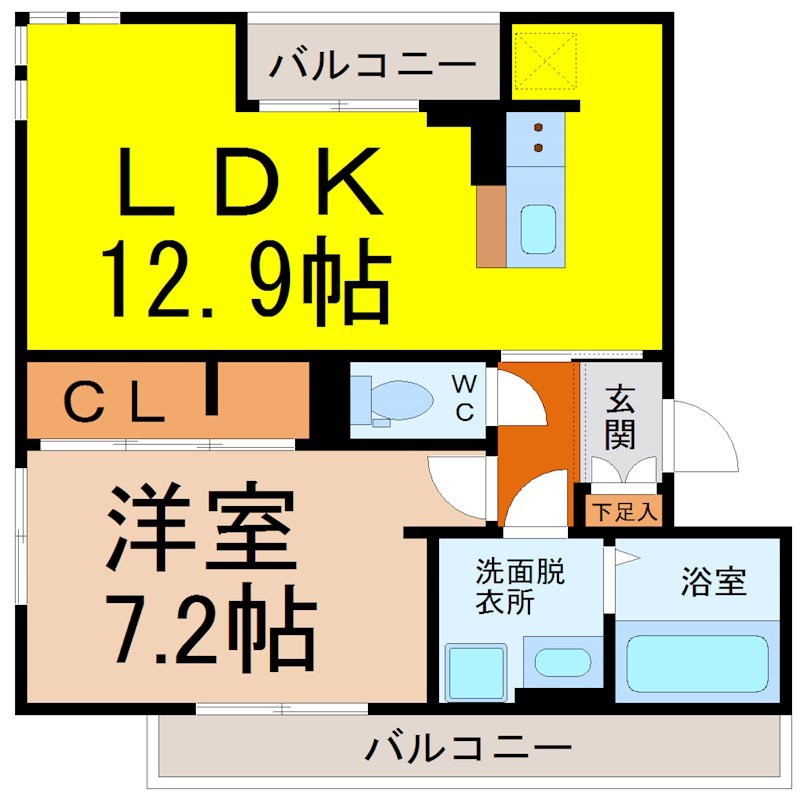 グラツィオーソ松原 間取図　ＬＤＫ12.9帖　洋室7.2帖　脱衣洗面所