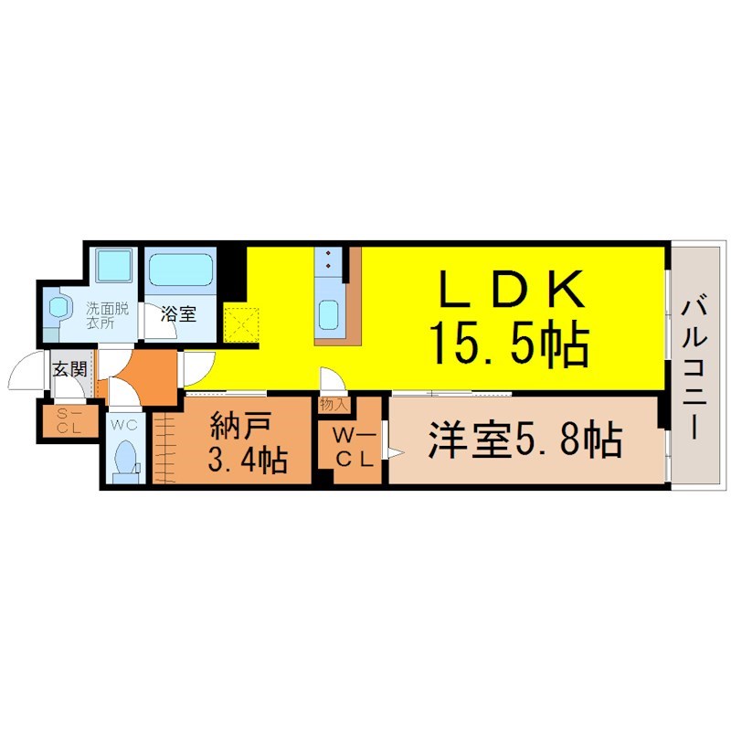 Ｄｉｍｏｒａ名駅南 間取図　ＬＤＫ15.5帖　洋室5.8帖　脱衣洗面所