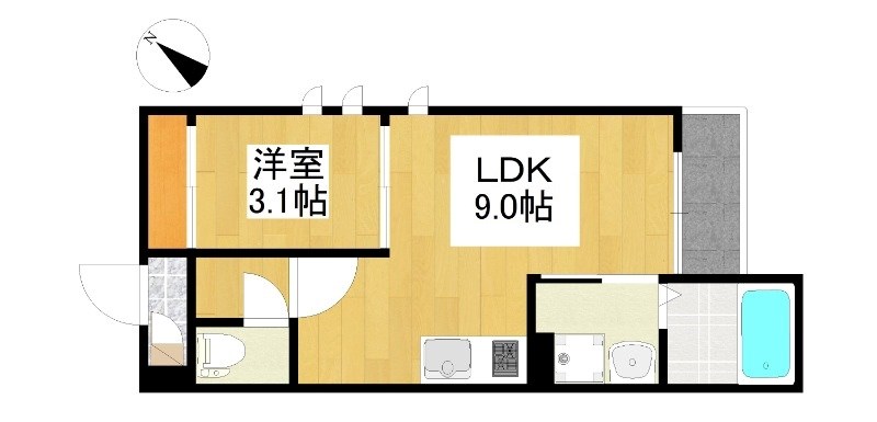 ＧＲＡＮＤＴＩＣ　ＬＵＫＥ瓢箪山 間取図　ＬＤＫ9帖　洋室3.1帖　脱衣洗面所　バルコニー