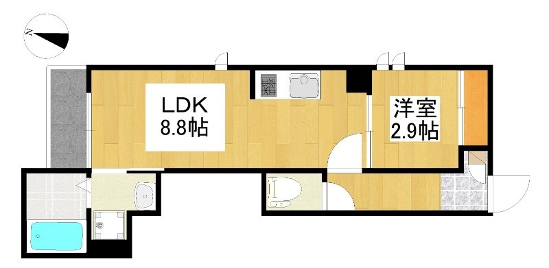 ＧＲＡＮＤＴＩＣ　ＬＵＫＥ瓢箪山 間取図　ＬＤＫ8.8帖　洋室2.9帖　脱衣洗面所　バルコニー