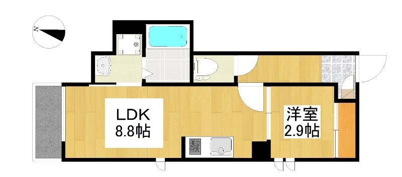 ＧＲＡＮＤＴＩＣ　ＬＵＫＥ瓢箪山 間取図　ＬＤＫ8.8帖　洋室2.9帖　脱衣洗面所　バルコニー