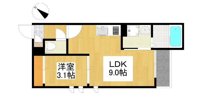 ＧＲＡＮＤＴＩＣ　ＬＵＫＥ瓢箪山 間取図　ＬＤＫ9帖　洋室3.1帖　脱衣洗面所　バルコニー