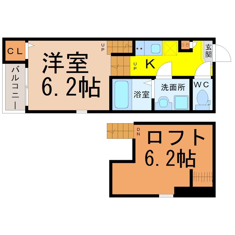 ソレイユ山王 間取図　洋室6.2帖　ロフト6.2帖　脱衣洗面所　バルコニー