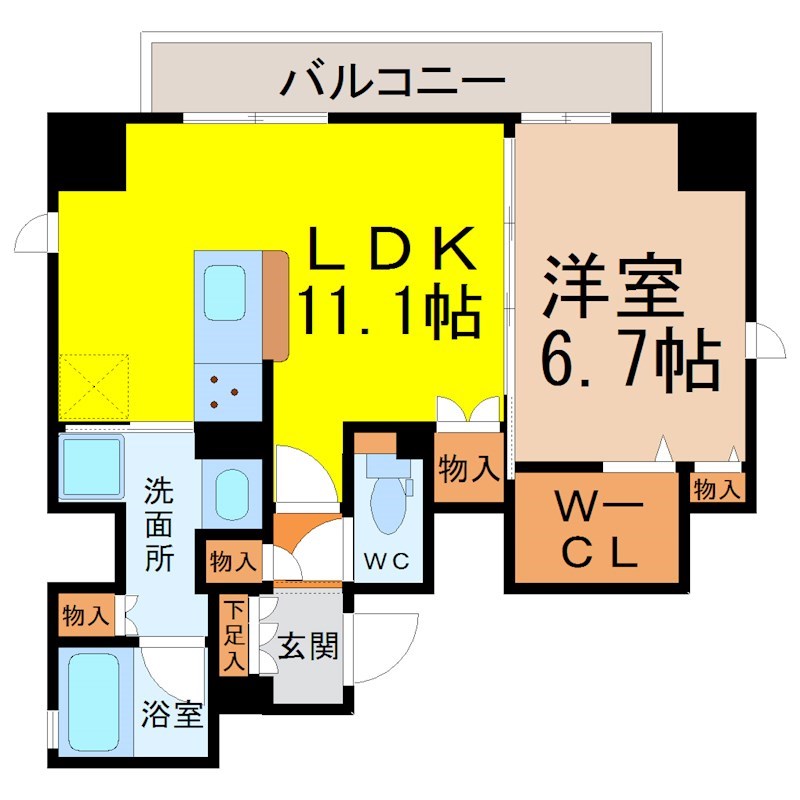 フローラル泉II 間取図　ＬＤＫ11.1帖　洋室6.7帖　脱衣洗面所