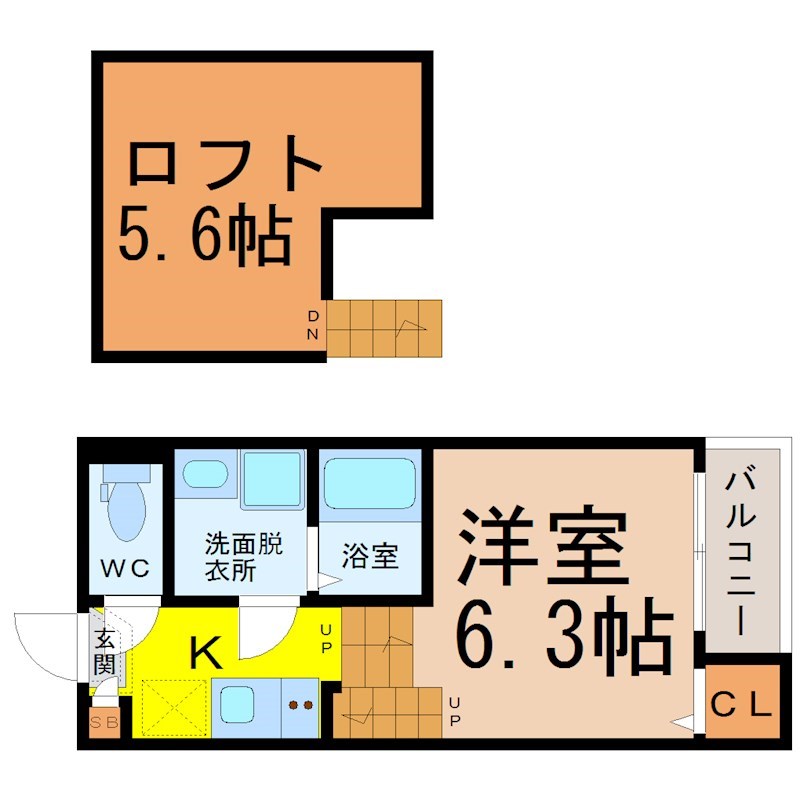 パークレジデンス東海通 間取図　洋室6.3帖　ロフト5.6帖　脱衣洗面所　バルコニー