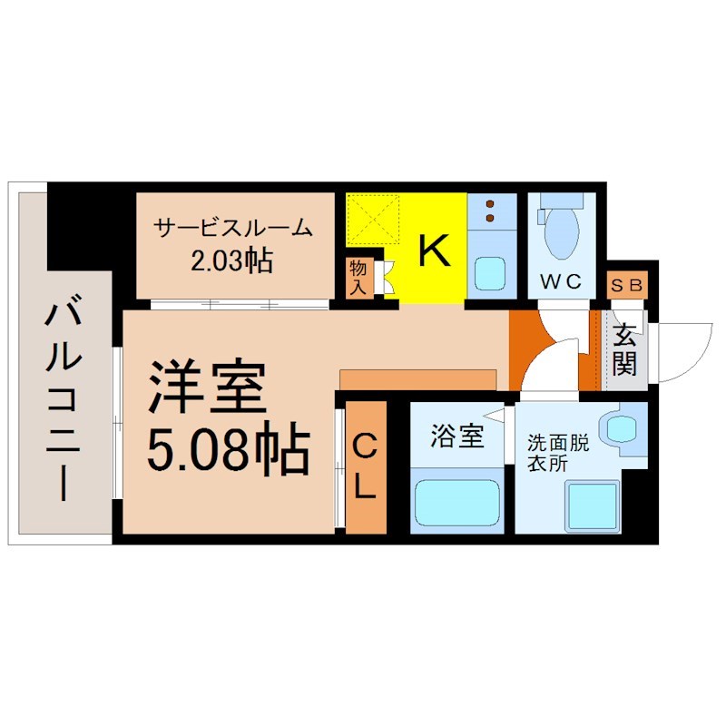エステシア上前津 間取図　洋室5.08帖　サービスルーム2.03帖