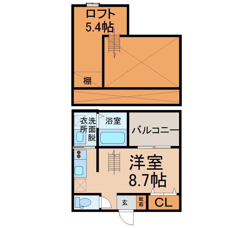 Ｌｕｃｋ（ラック） 間取図　洋室8.7帖　ロフト5.4帖