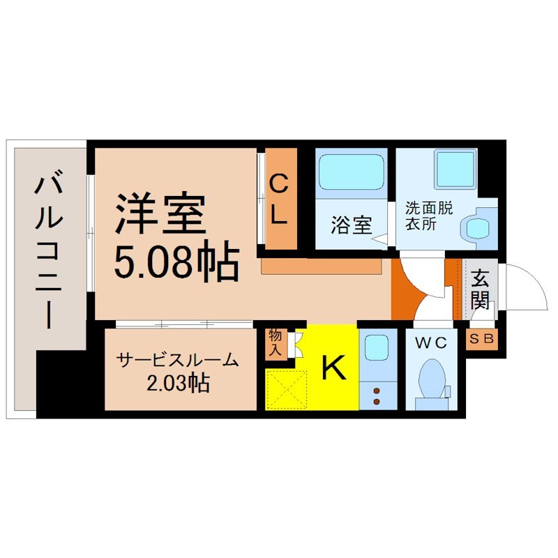 エステシア上前津 間取図　洋室5.08帖　サービスルーム2.03帖