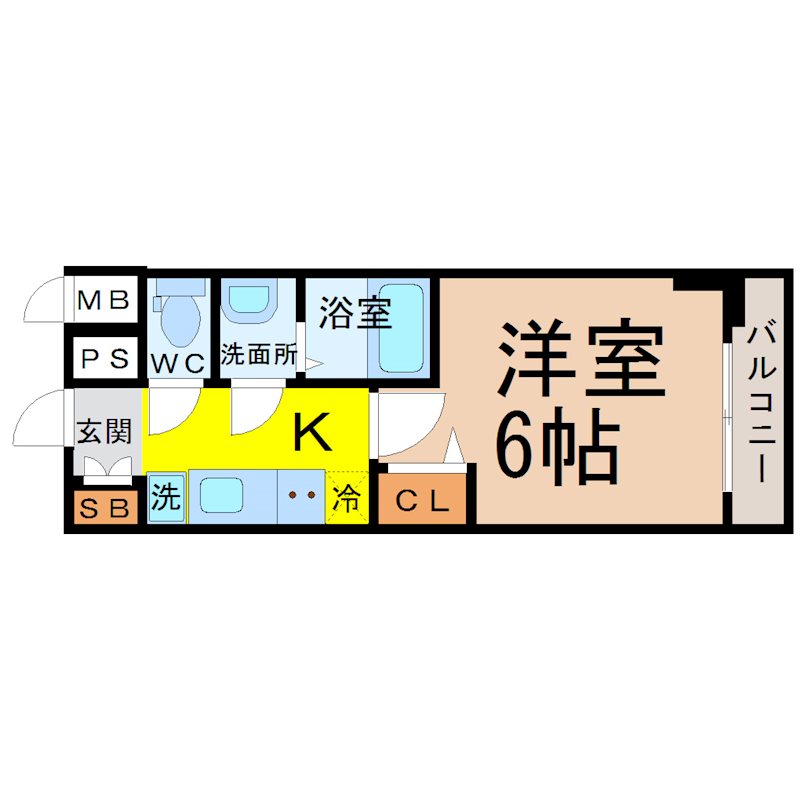 プレサンス名古屋幅下ファビュラス 間取図　洋室6.0帖　脱衣洗面所　バルコニー