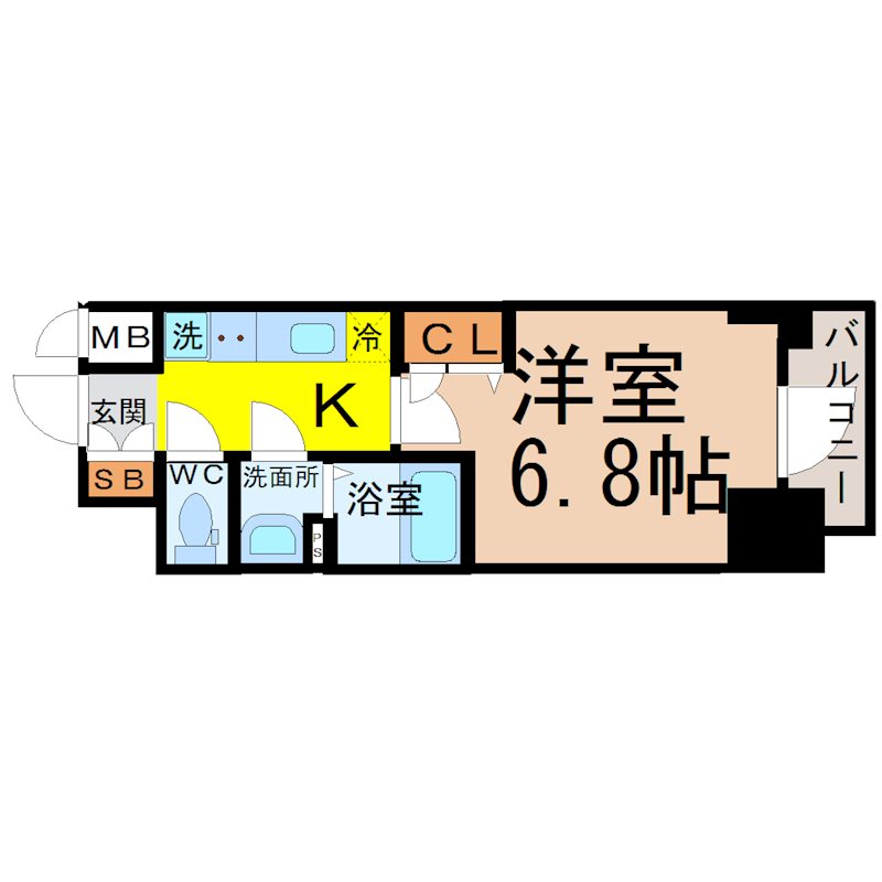 プレサンス名古屋幅下ファビュラス 間取図　洋室6.8帖　脱衣洗面所　バルコニー