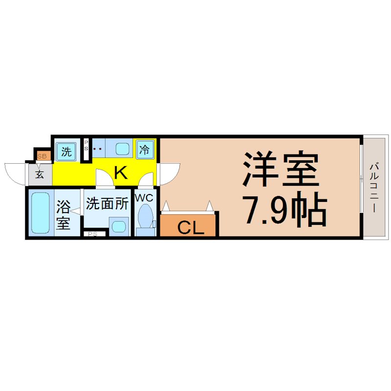 リブリ・サンハート 間取図　洋室7.9帖　脱衣洗面所　クローゼット付　バルコニー