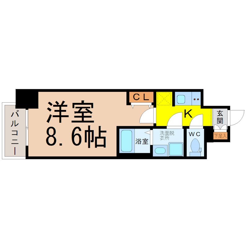 Ｓ－ＲＥＳＩＤＥＮＣＥ金山ＷＥＳＴ 間取図　洋室8.6帖　脱衣洗面所　バルコニー