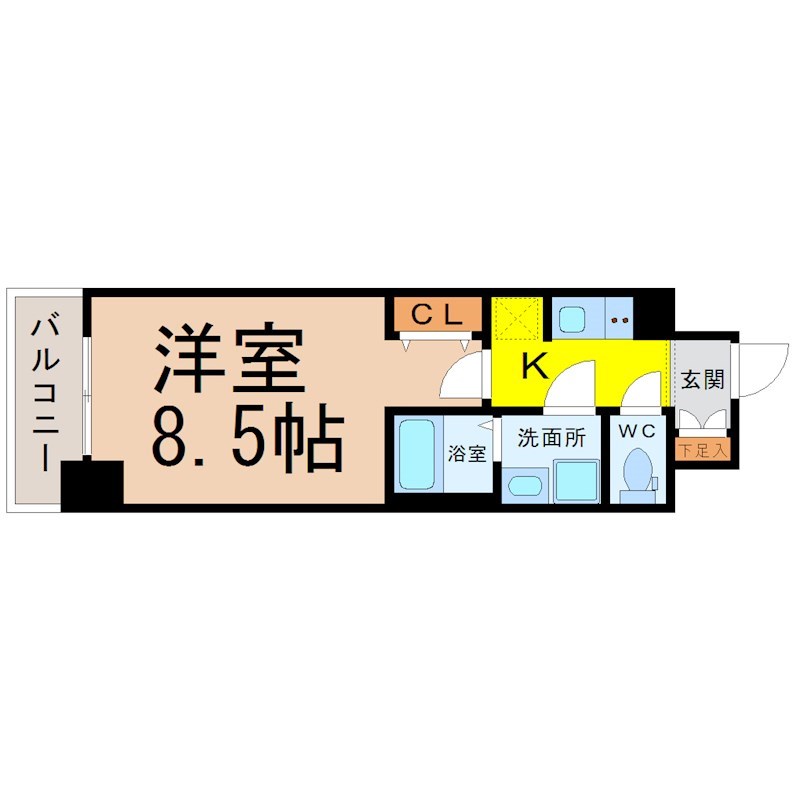 Ｓ－ＲＥＳＩＤＥＮＣＥ金山ＷＥＳＴ 間取図　洋室8.5帖　脱衣洗面所　バルコニー