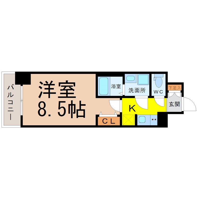 Ｓ－ＲＥＳＩＤＥＮＣＥ金山ＷＥＳＴ 間取図　洋室8.5帖　脱衣洗面所　バルコニー